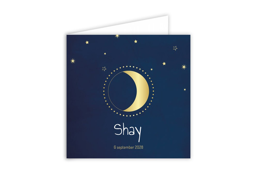 Geboortekaartje donkerblauw met gouden maan Shay - goudfolie optioneel