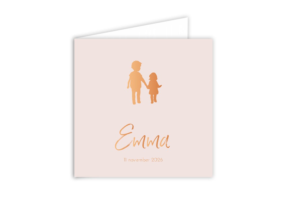 Geboortekaartje meisje silhouette roze zusje Emma - koperfolie optioneel