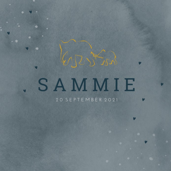Geboortekaartje jongen olifanten blauw met goudfolie Sammie