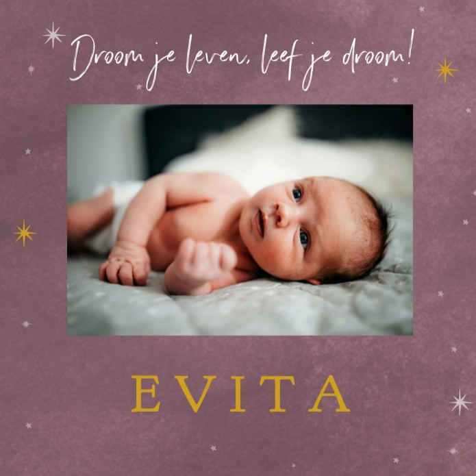 Geboortekaartje dochter donker paars aquarel met foto Evita