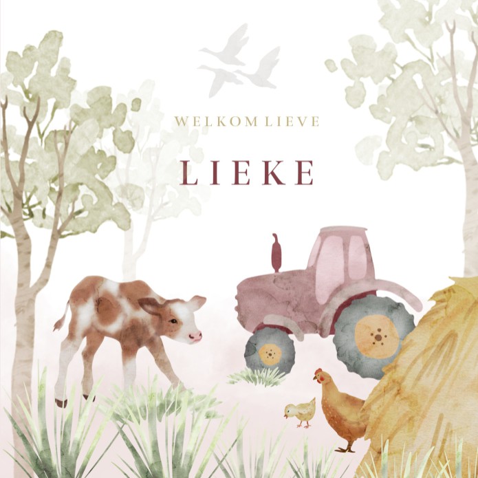 Geboortekaartje meisje tractor aquarel Lieke