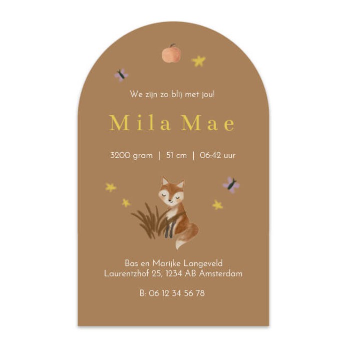 Geboortekaartje meisje folklore vos Mila