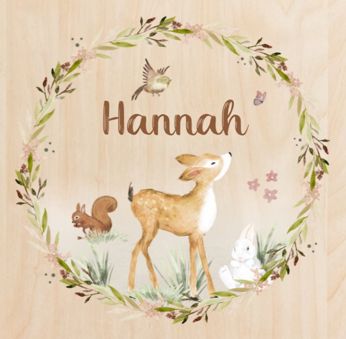 Geboortekaartje meisje bosdieren hert Hannah - op echt hout