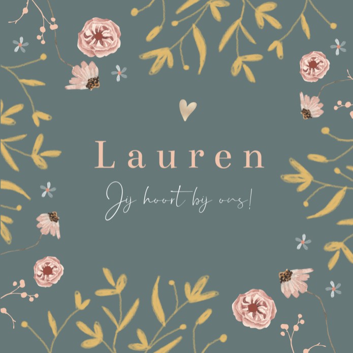Geboortekaartje meisje donker bloemen Lauren