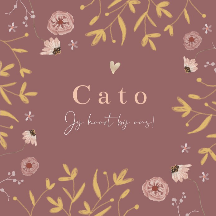 Geboortekaartje meisje donkerroze bloemen Cato