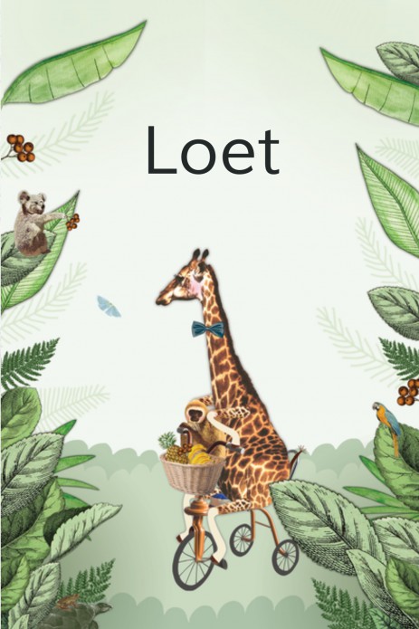 Geboortekaartje fietsende giraf in jungle met aap - Loet