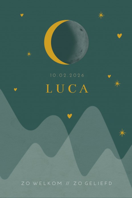 Geboortekaartje jongen bergen groen met gouden maan Luca