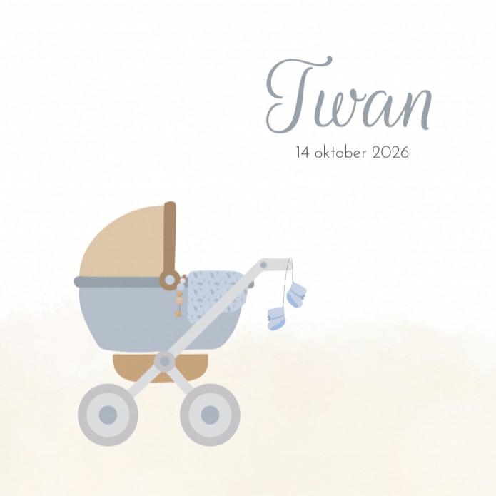 Geboortekaartje kinderwagen blauw met aquarel Twan