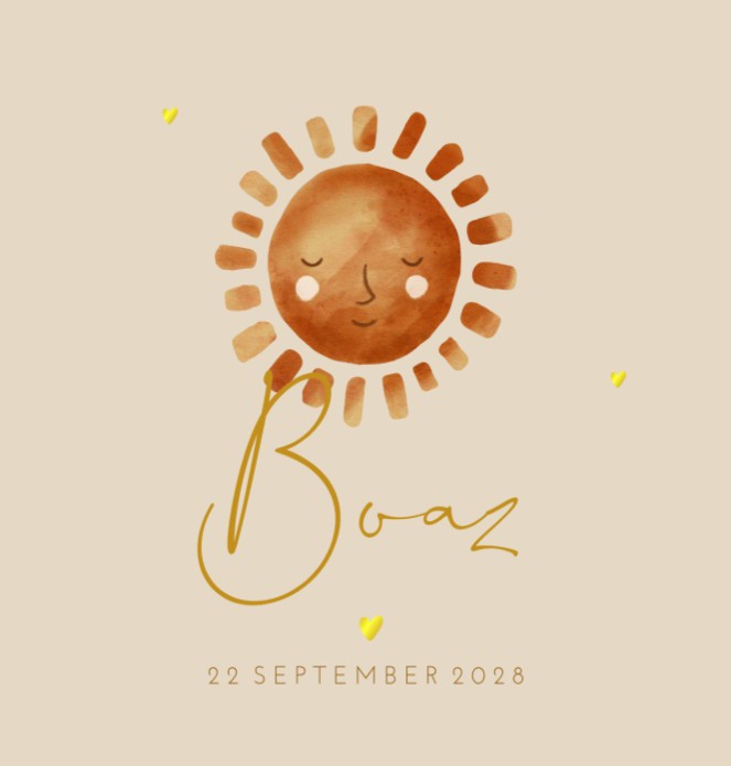 Geboortekaartje jongen zon goudfolie Boaz
