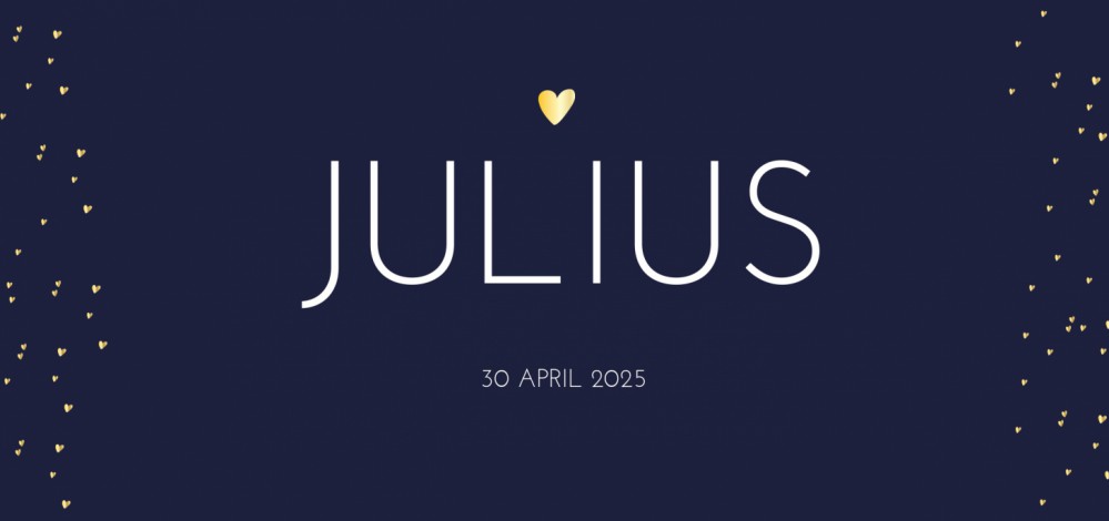 Geboortekaartje donkerblauw met gouden hartjes Julius