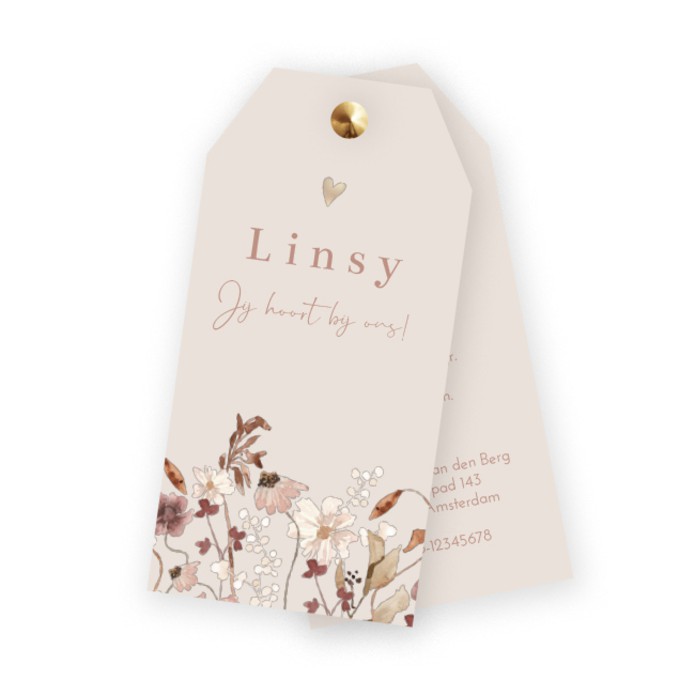 Geboortekaartje meisje label droogbloemen Linsy