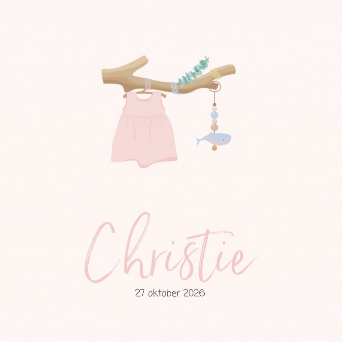 Geboortekaartje boomstam met kleding roze Christie