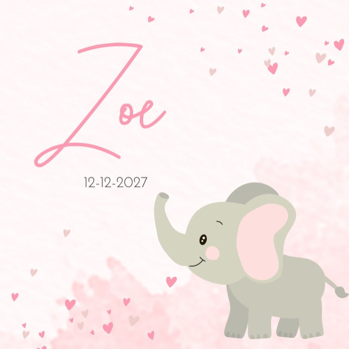 Geboortekaartje meisje olifant met roze aquarel Zoë
