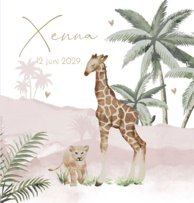 Geboortekaartje meisje roze aquarel jungle Xenna