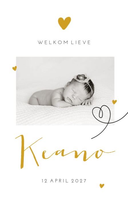 Geboortekaartje unisex hartjes foto Keano
