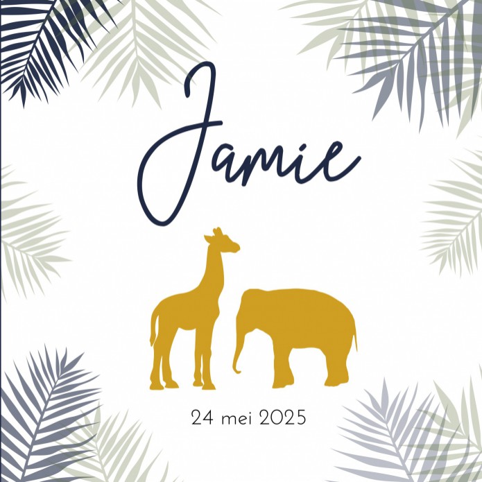 Geboortekaartje olifant giraffe silhouette goudfolie Jamie