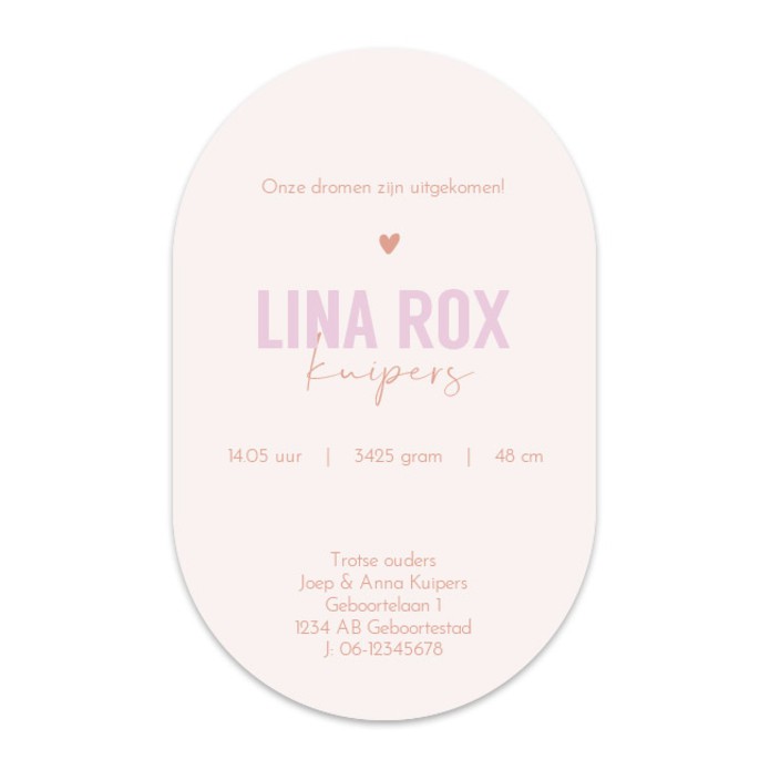 Ovaal geboortekaartje roze minimalistisch Lina