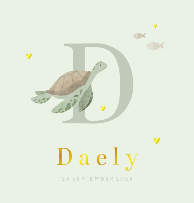 Geboortekaartje neutraal schildpad initiaal Daely