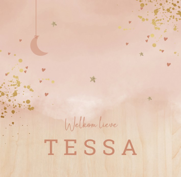 Geboortekaartje meisje warm roze aquarel met maan Tessa - op echt hout