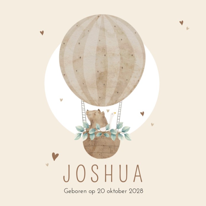 Geboortekaartje neutraal luchtballon beer Joshua