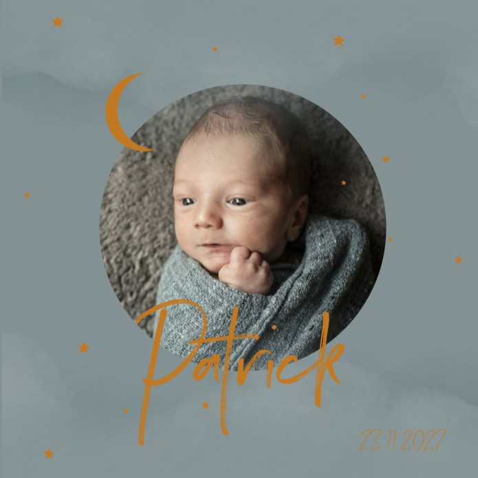 Geboortekaartje jongen blauwe aquarel met foto Patrick