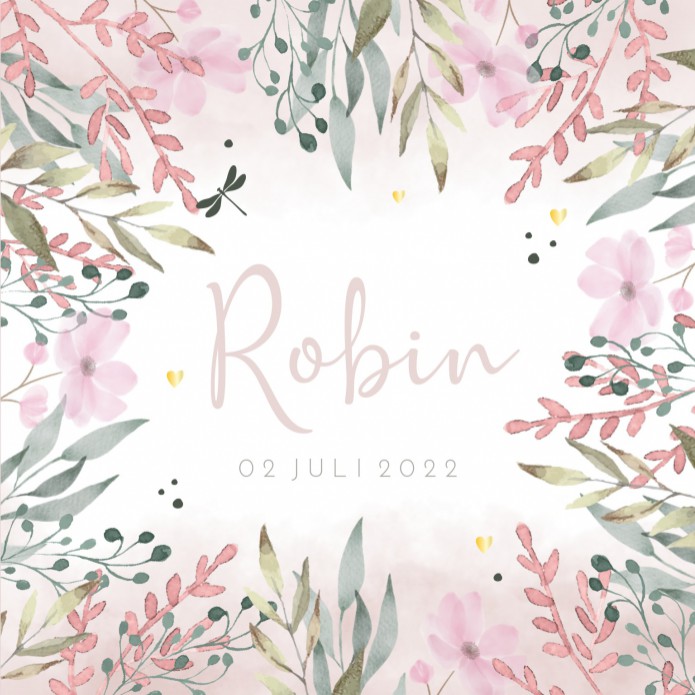 Geboortekaartje botanical bloemen roze Robin