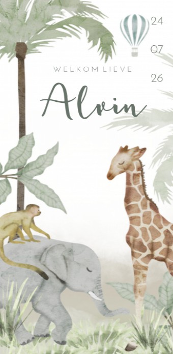 Jongens geboortekaartje jungledieren Alvin
