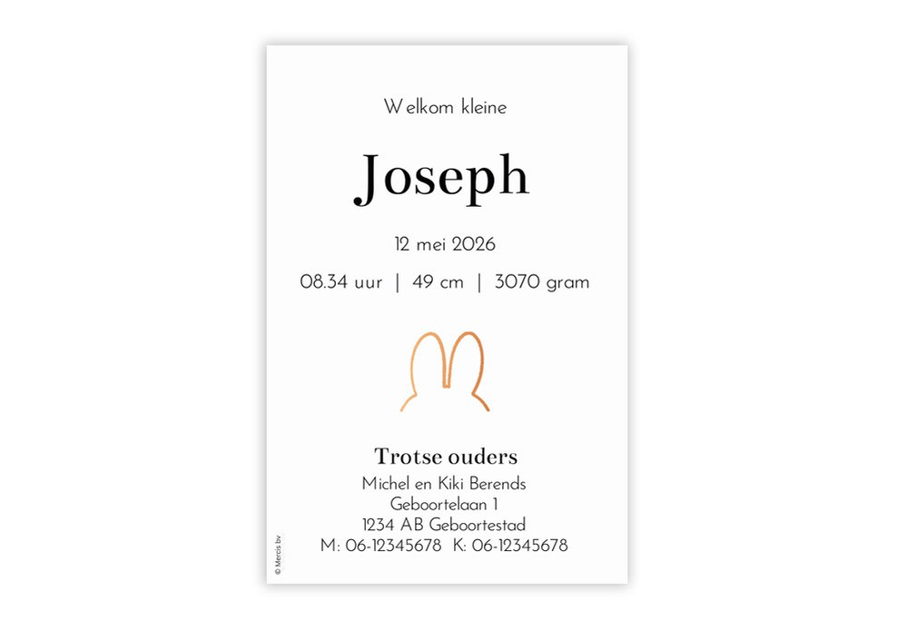 Geboortekaartje neutraal nijntje minimalistisch oren Joseph