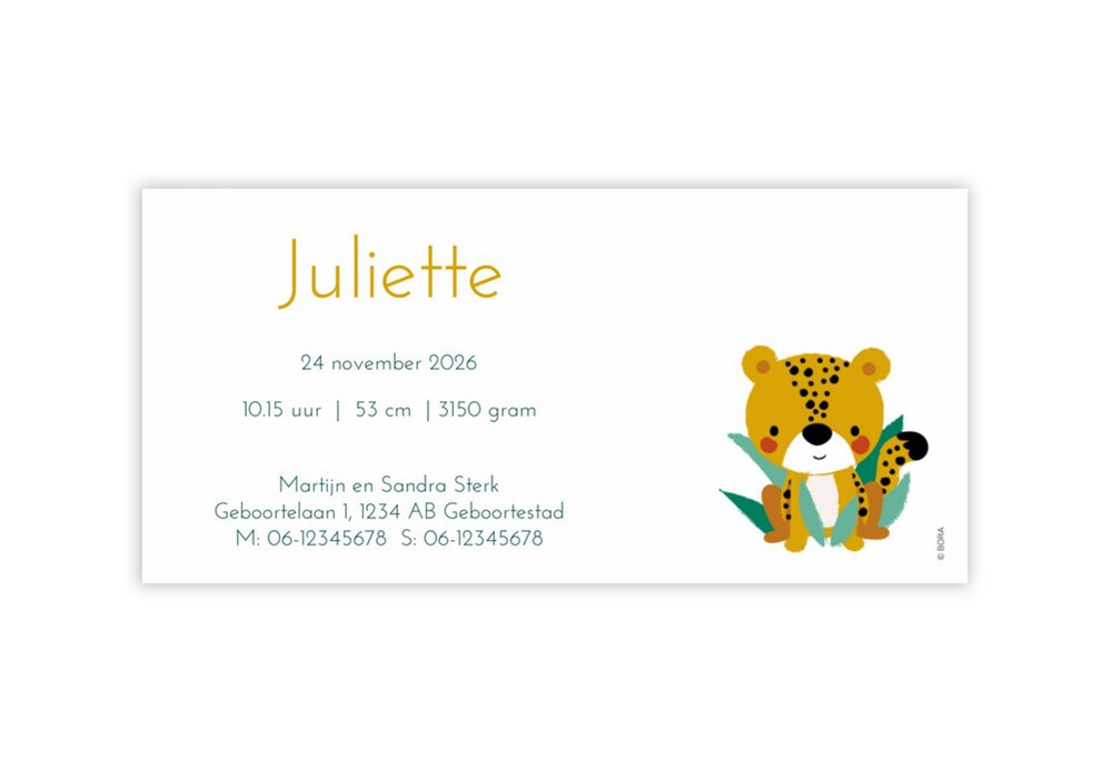 Geboortekaartje cheetah groen Juliette - goudfolie optioneel