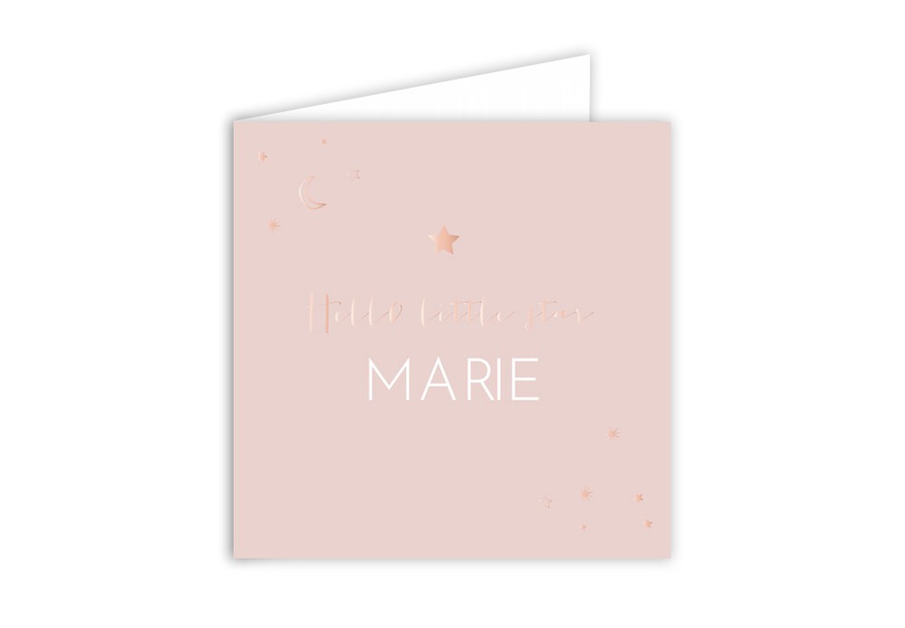 Geboortekaartje roze met sterren en maan Marie - rosegoudfolie optioneel