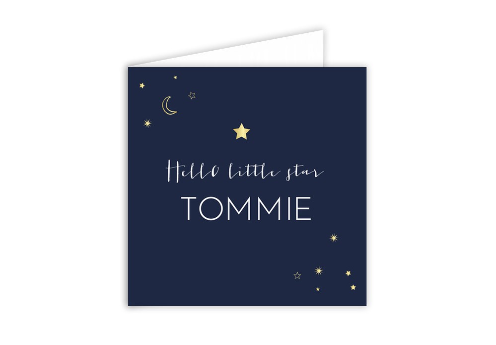 Geboortekaartje blauw met sterren en maan Tommie - goudfolie optioneel
