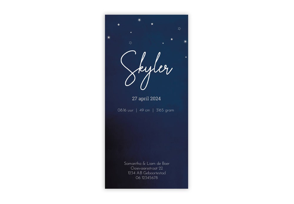 Geboortekaartje donkerblauw met zilveren zon Skyler - zilverfolie optioneel