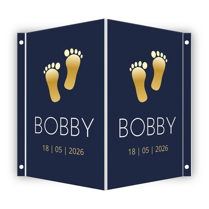 Geboortebord voetjes goud en blauw Bobby