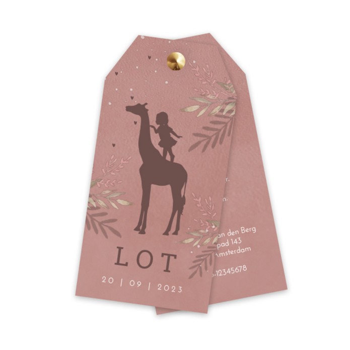 Geboortekaartje label meisje roze silhouette giraffe Lot