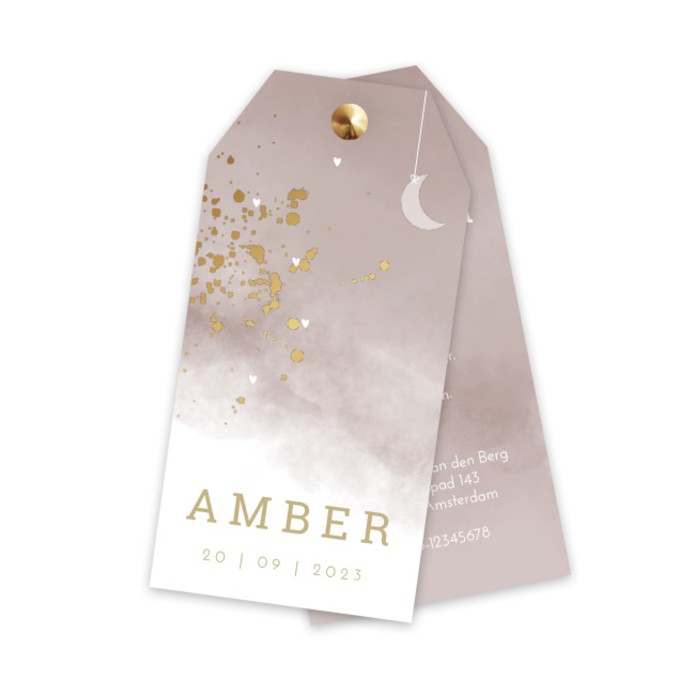 Geboortekaartje label meisje oudroze aquarel met goudlook Amber