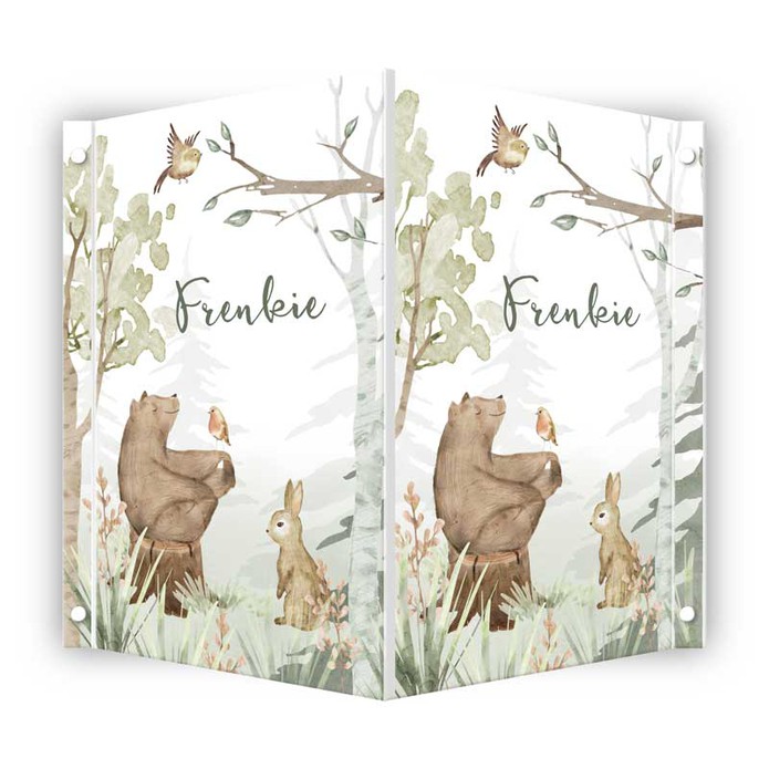 3015-geboortebord-bosdieren-frenkie-beer-konijn-vogel-bos-natuur-groen-bomen
