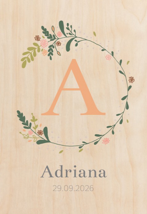Geboortekaartje meisje met bloemenkrans Adriana - op echt hout voor