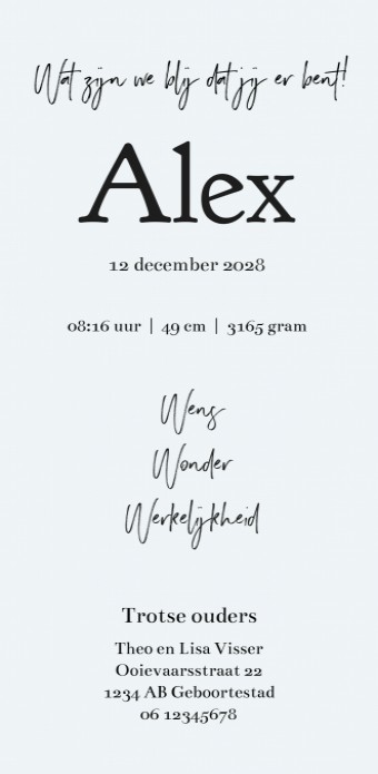 Geboortekaartje met foto en naam in zwartfolie Alex