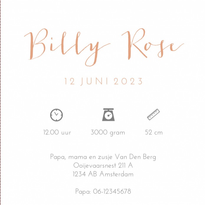Geboortekaartje meisje velvet rib roze Billie Rose binnen