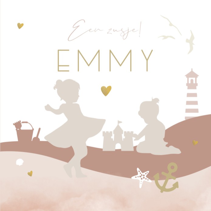Geboortekaartje meisje zusjes op het strand Emmy voor