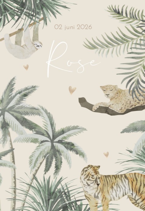 Geboortekaartje meisje jungle dieren Rose