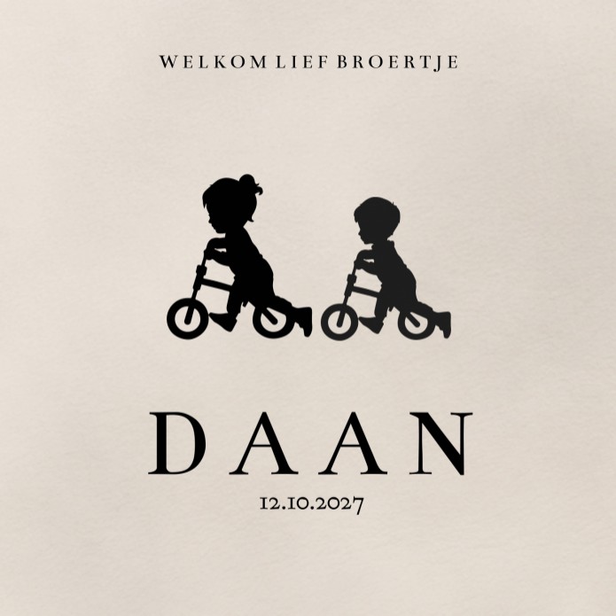 Geboortekaartje jongen broertje silhouet fiets Daan - zwartfolie optioneel voor