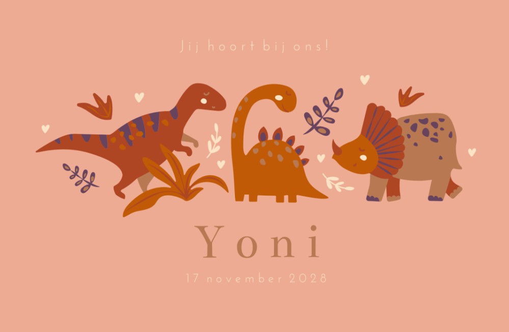 Geboortekaartje meisje dino cartoon Yoni