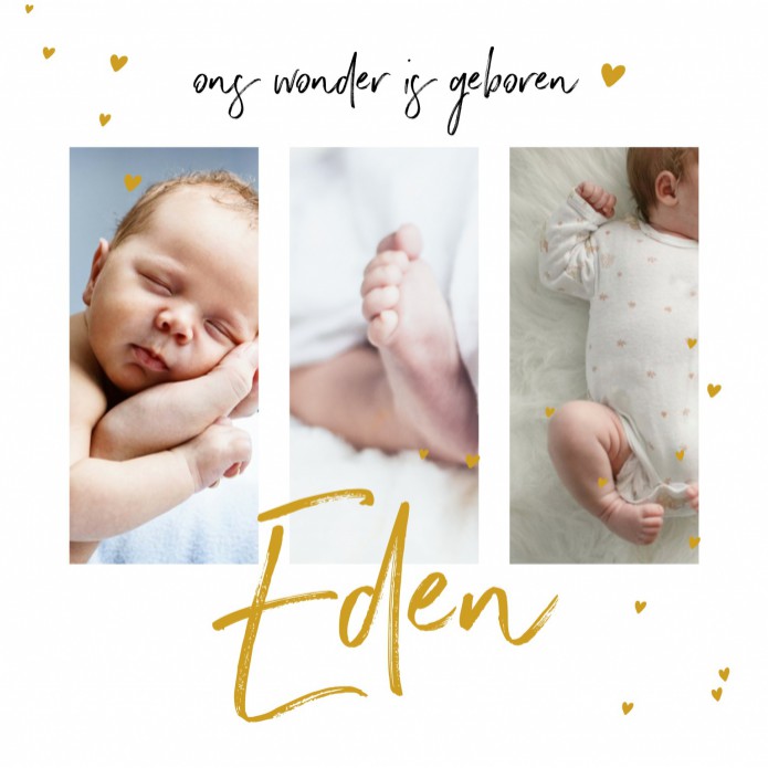 Geboortekaartje foto met goudfolie hartjes en naam Eden