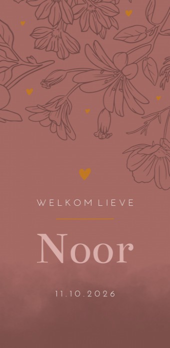Geboortekaartje meisje donker roze floral Noor