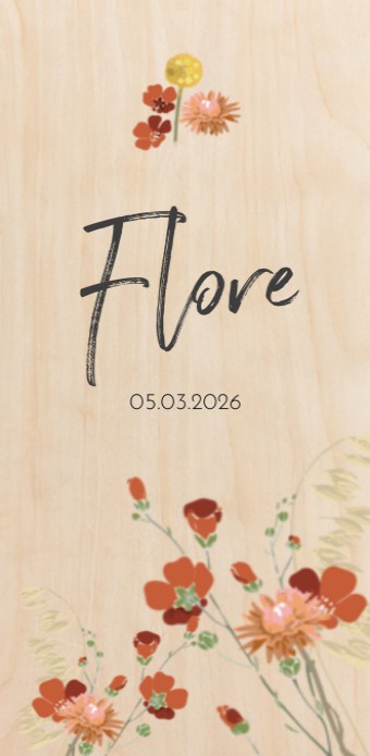 Geboortekaartje droogbloemen Flore - op echt hout voor