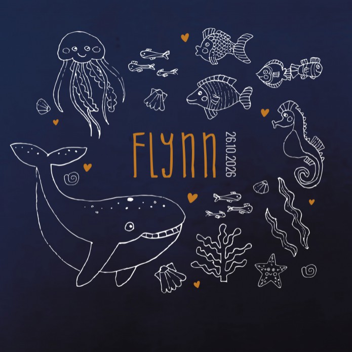 Geboortekaartje onderwaterwereld donkerblauw Flynn - koperfolie optioneel