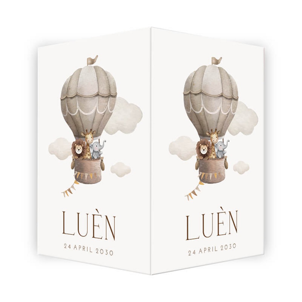 Geboortebord neutraal luchtballon jungledieren Luèn