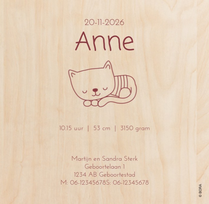 Geboortekaartje kat Anne - op echt hout achter