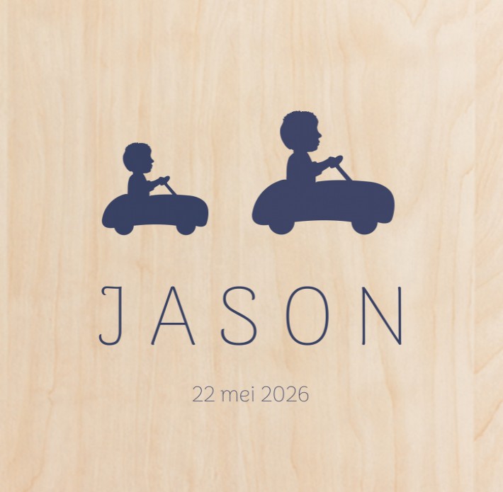 Geboortekaartje blauwe auto's broertje Jason - op écht hout voor